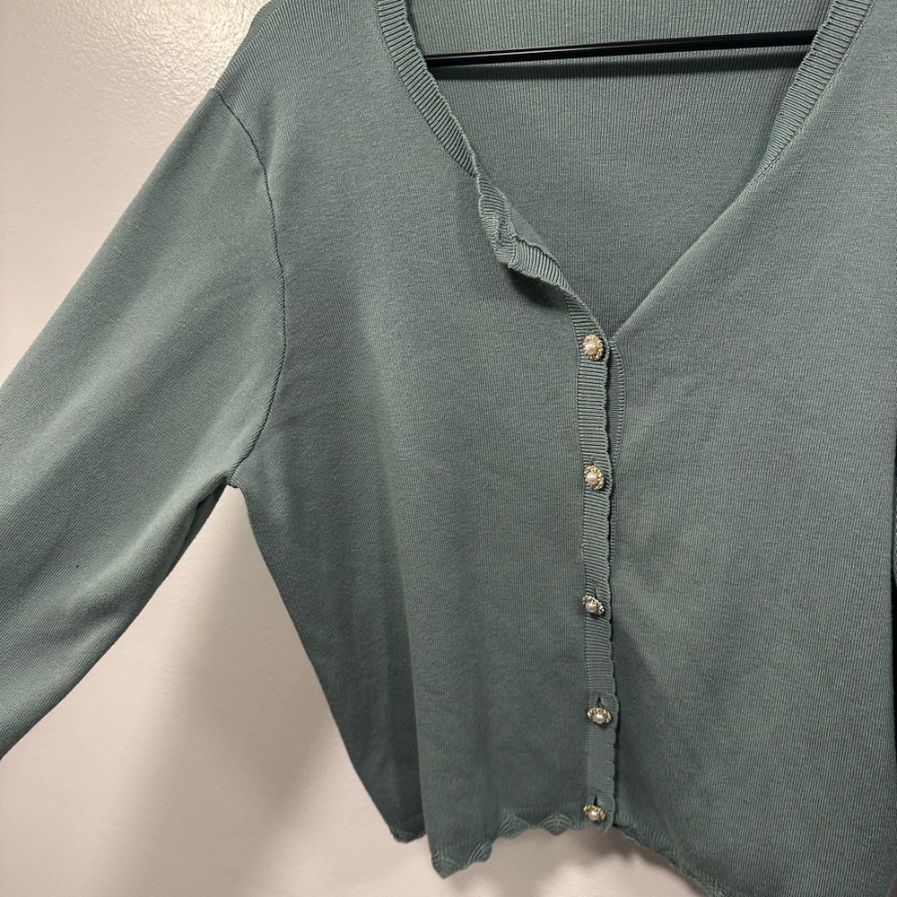 Adrianna Papell Sage Green V-Neck Button Cardigan - Picture 5 of 6